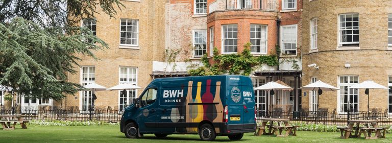 The BWH Drinks van outside a hotel on the Thames at Maidenhead