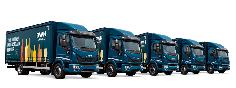 BWH Drinks delivery lorries in a row, in BWH’s blue livery